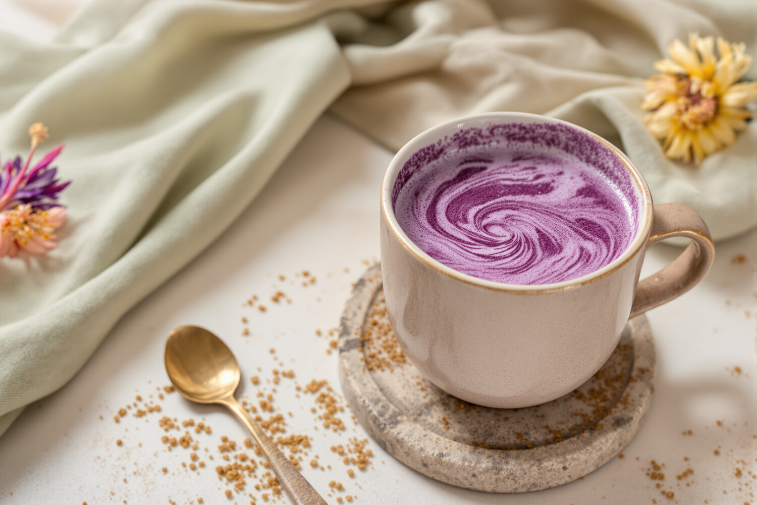 Mug artisanal en céramique sable contenant un ube latte chaud violet fumant, accompagné d'une cuillère en laiton et d'une serviette en lin sauge.