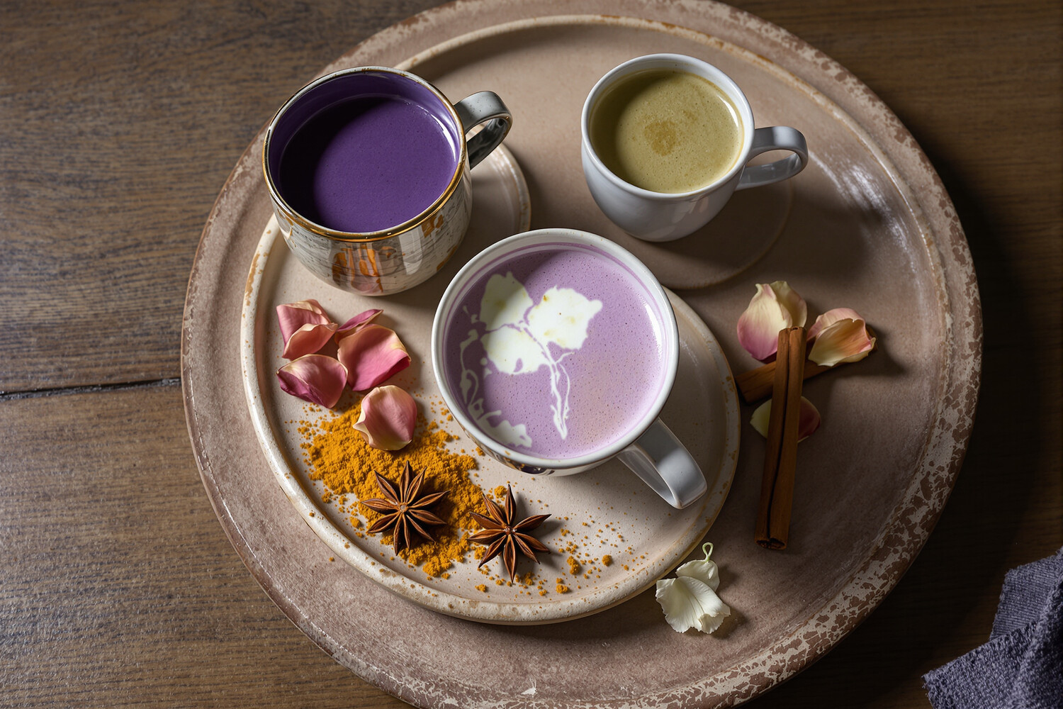 Trois tasses en céramique artisanale présentant les variantes de l'ube latte : classique violet, ube matcha et ube chaï aux épices.