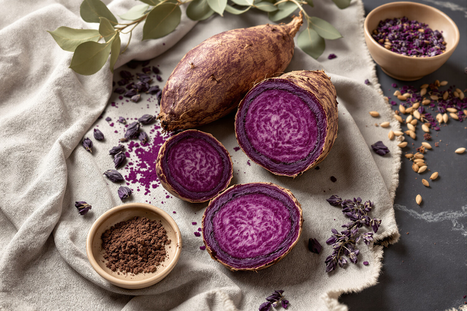 Igname violette ube coupée en deux révélant sa chair violet profond, posée sur lin naturel avec poudre d'ube dans un bol en céramique