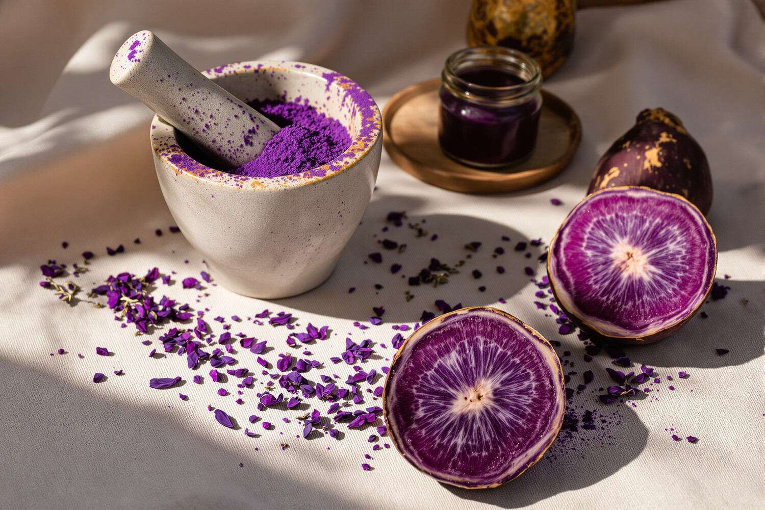 Mortier en pierre avec poudre d'ube violette, tranche d'igname ube et extrait violet dans un pot en verre sur fond de lin écru