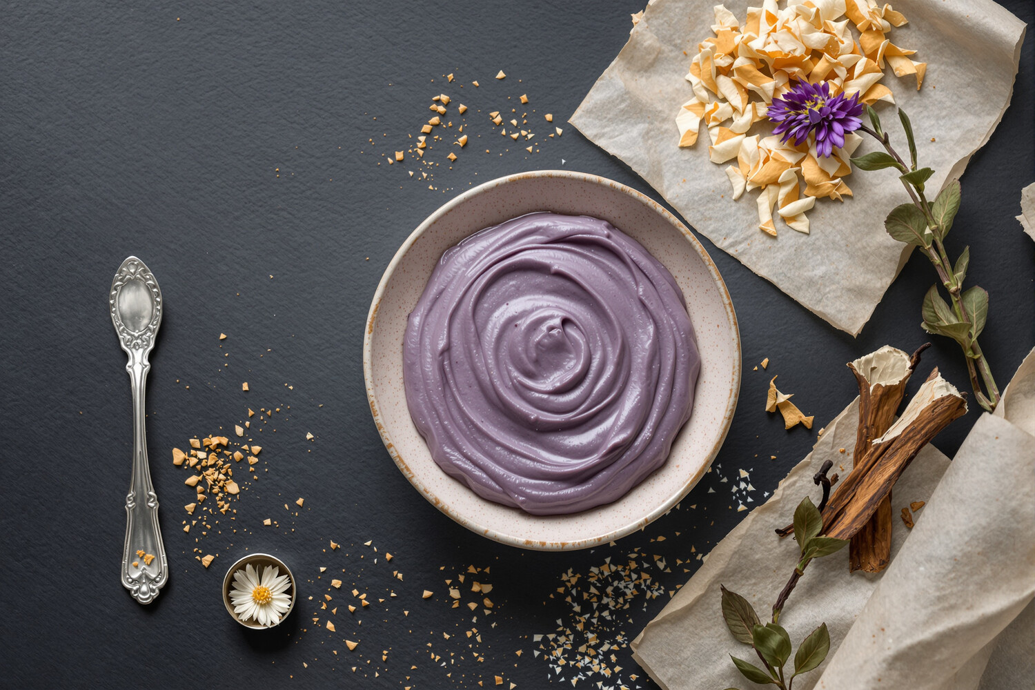 Pâte d'ube violette dans un bol en céramique artisanale avec cuillère en argent, gousse de vanille et copeaux de noix de coco sur ardoise