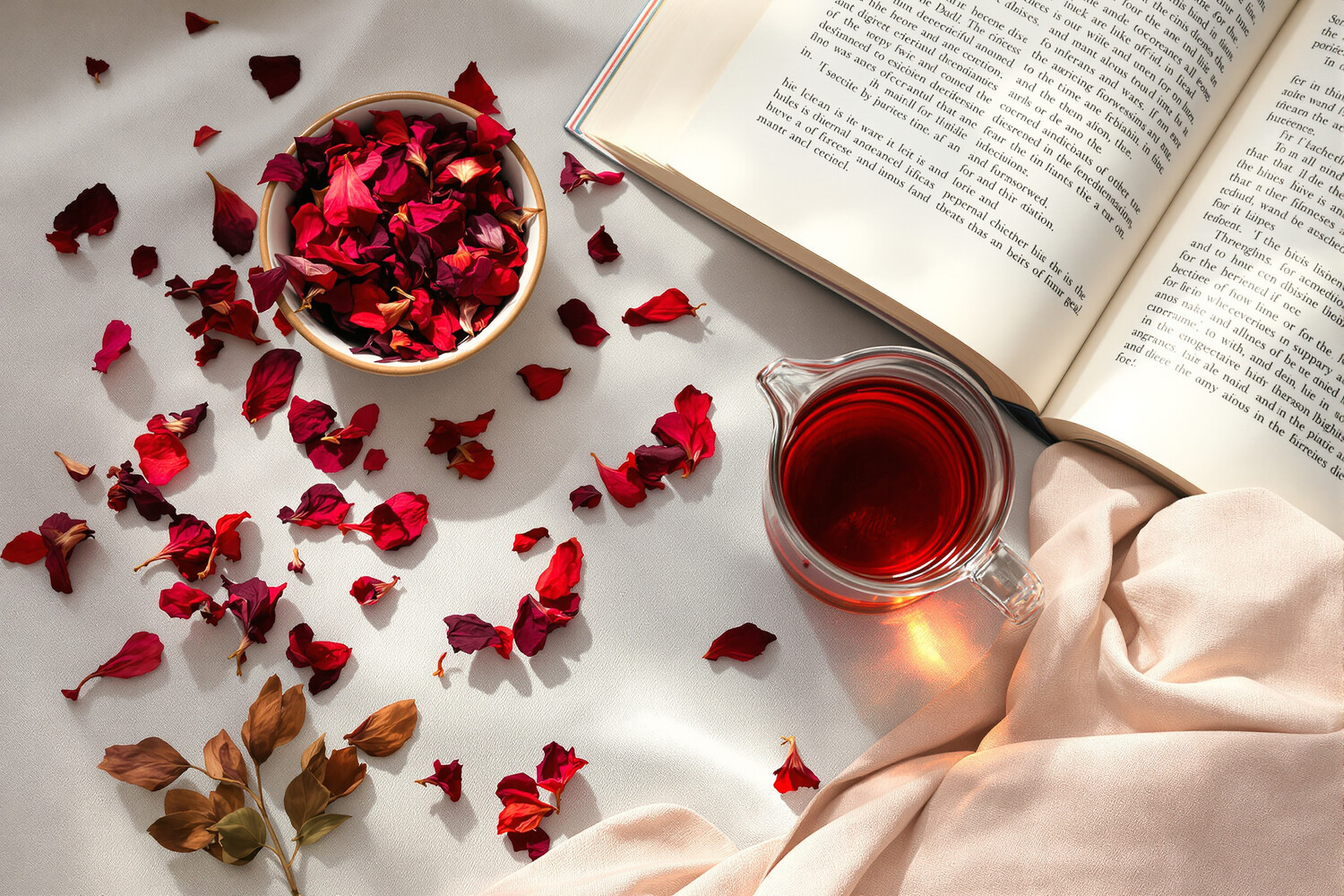 Natura morta editoriale di fiori d'ibisco essiccati e infusione rosso granato in un becher di vetro su lino écru.