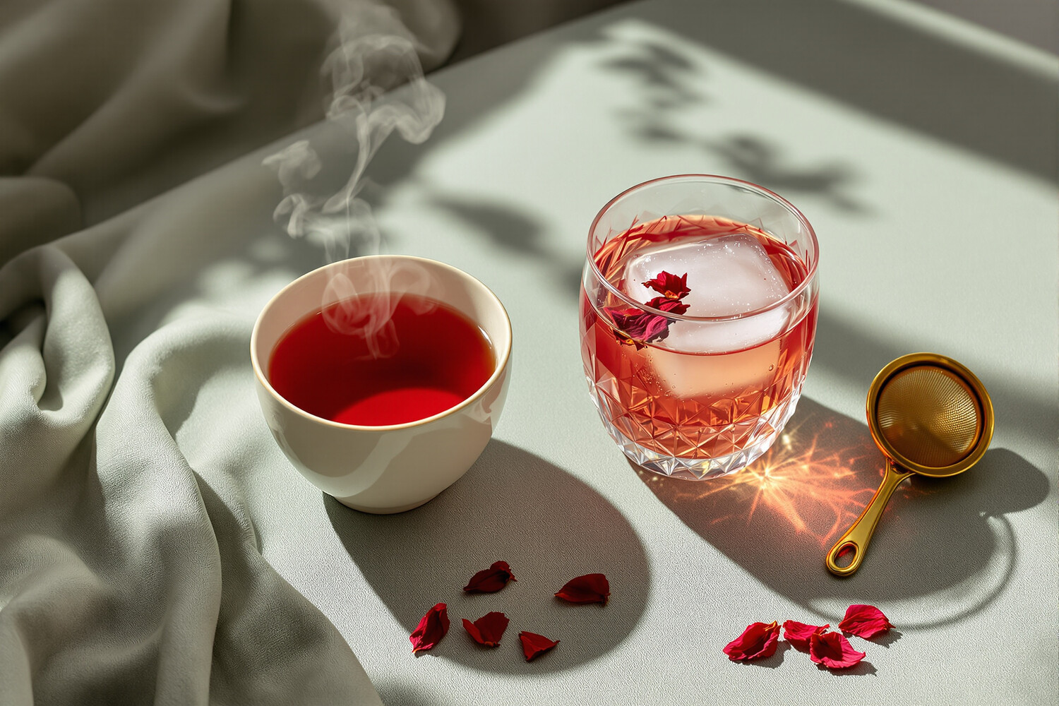 Due tazze in ceramica artigianale, una con un'infusione calda di ibisco fumante, l'altra con un'infusione fredda e un cubetto di ghiaccio, su lino salvia.