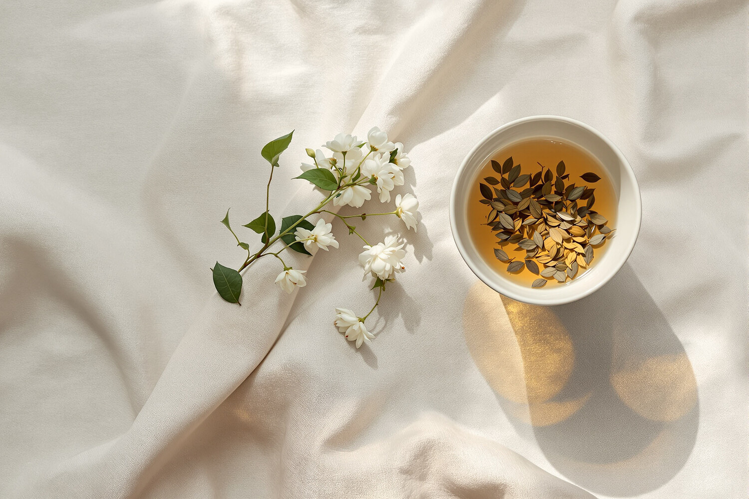 Flûte de thé Darjeeling doré et feuilles first flush sur lin écru, lumière naturelle douce.