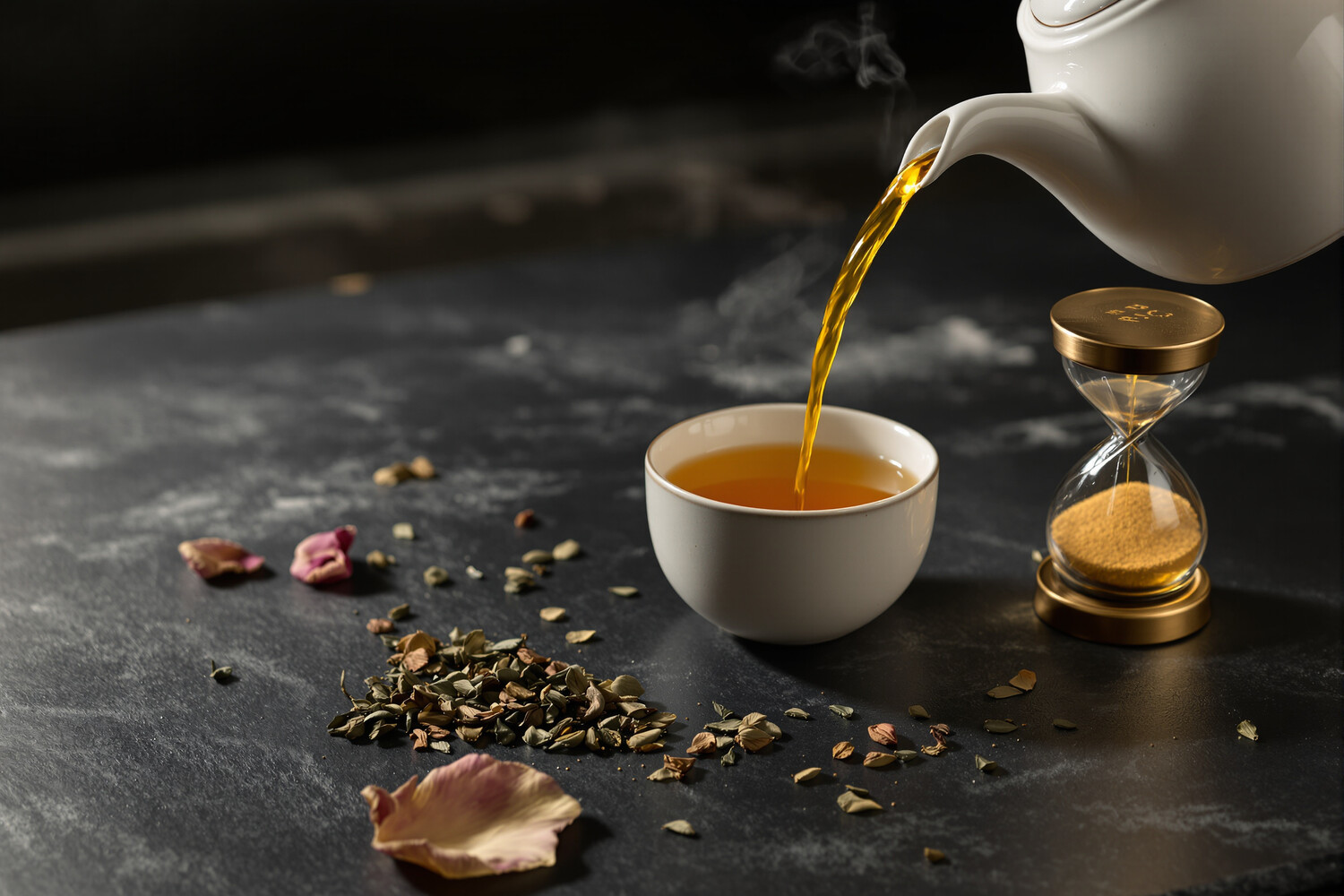 Théière en grès avec thé Darjeeling qui s'écoule dans une tasse, sablier en laiton sur ardoise sombre.