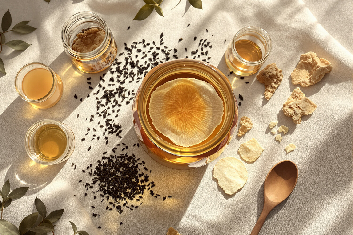 Ceramic jar of amber kombucha with SCOBY, loose-leaf tea and raw sugar on natural linen
