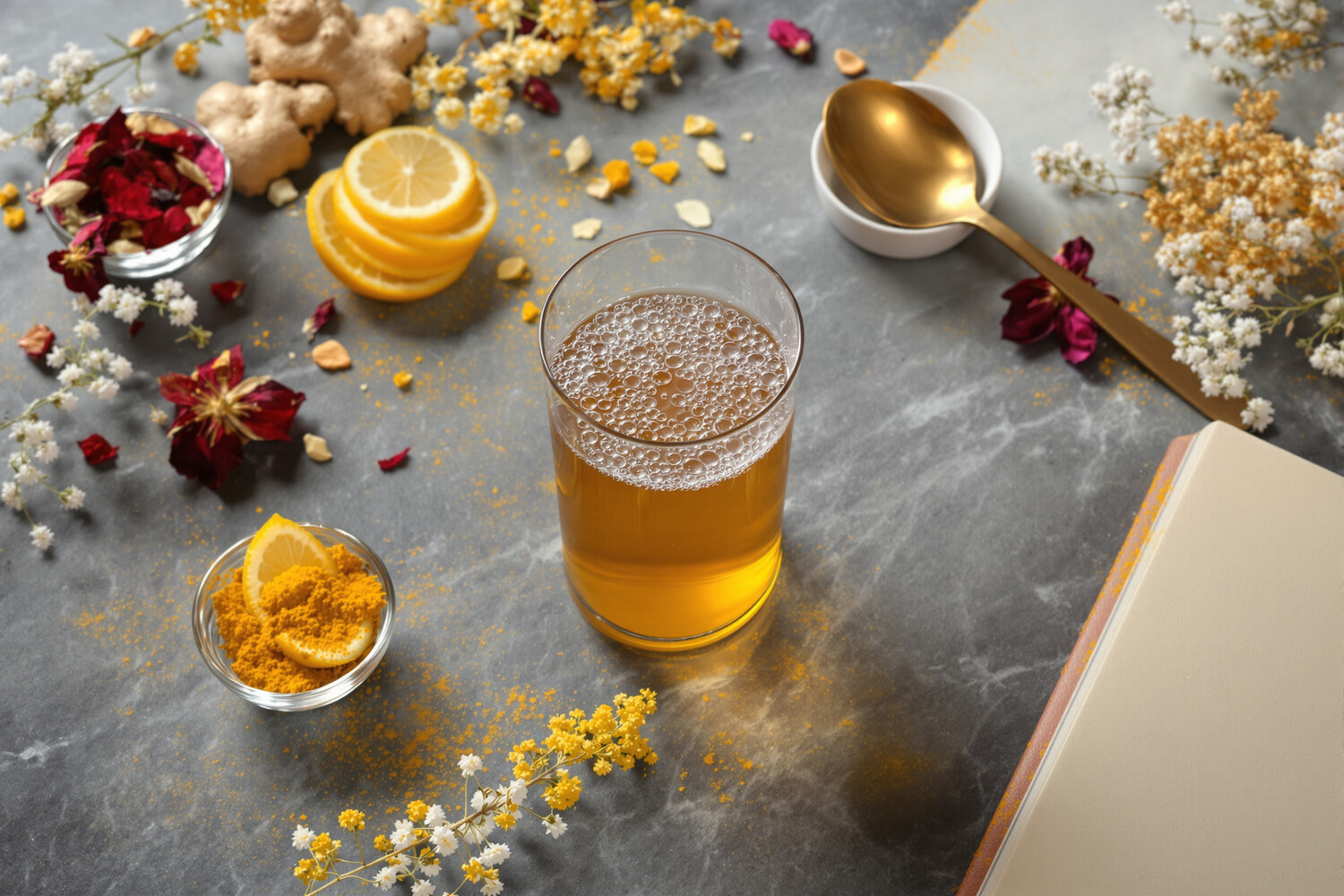 Glass of sparkling amber kombucha with ginger, turmeric and dried flowers on grey stone