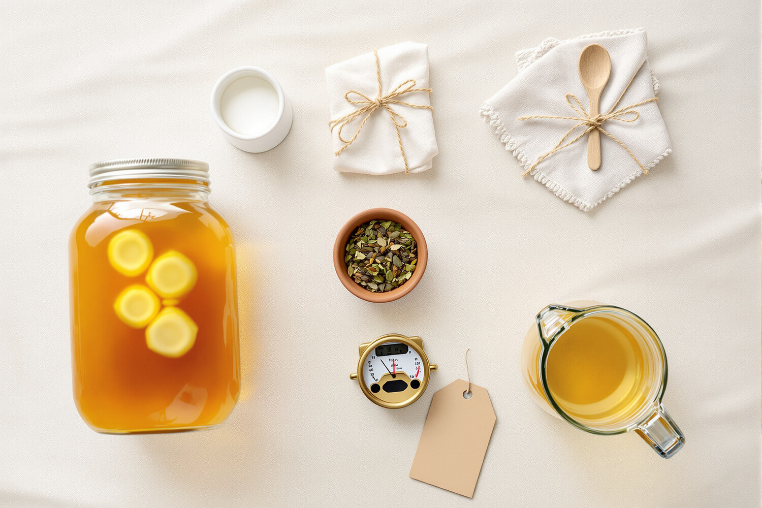 Home kombucha setup with glass jar, SCOBY, raw sugar, tea and cheesecloth on natural wood