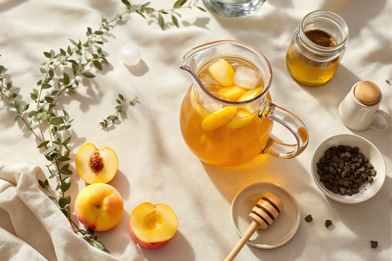 Carafe of amber peach iced tea on ecru linen, with fresh peaches, loose-leaf tea and honey.