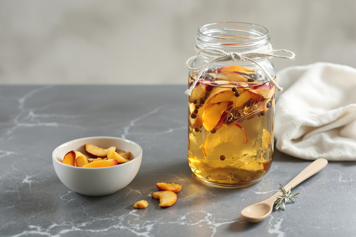 Glass jar of peach cold brew tea on slate, with peach slices and rosemary.