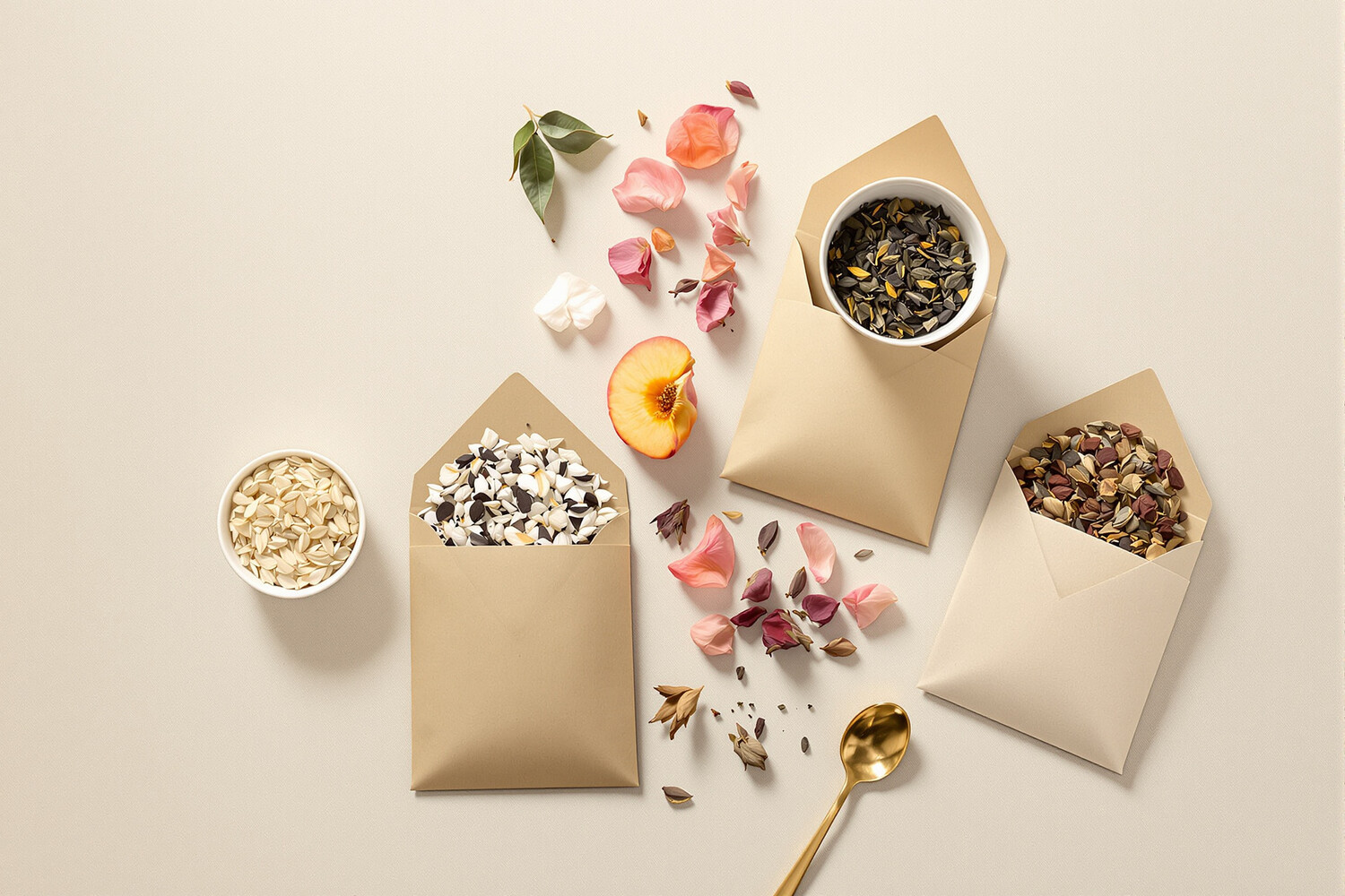 Four varieties of loose-leaf tea in ceramic bowls on ecru paper, with a peach blossom.