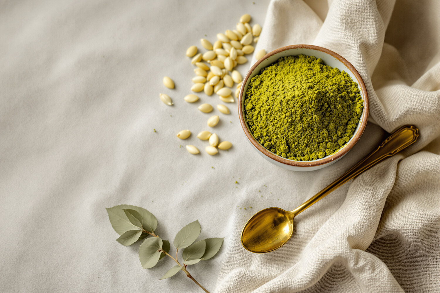 An unglazed ceramic bowl filled with green moringa powder, surrounded by dried leaves and a brass spoon on natural linen.