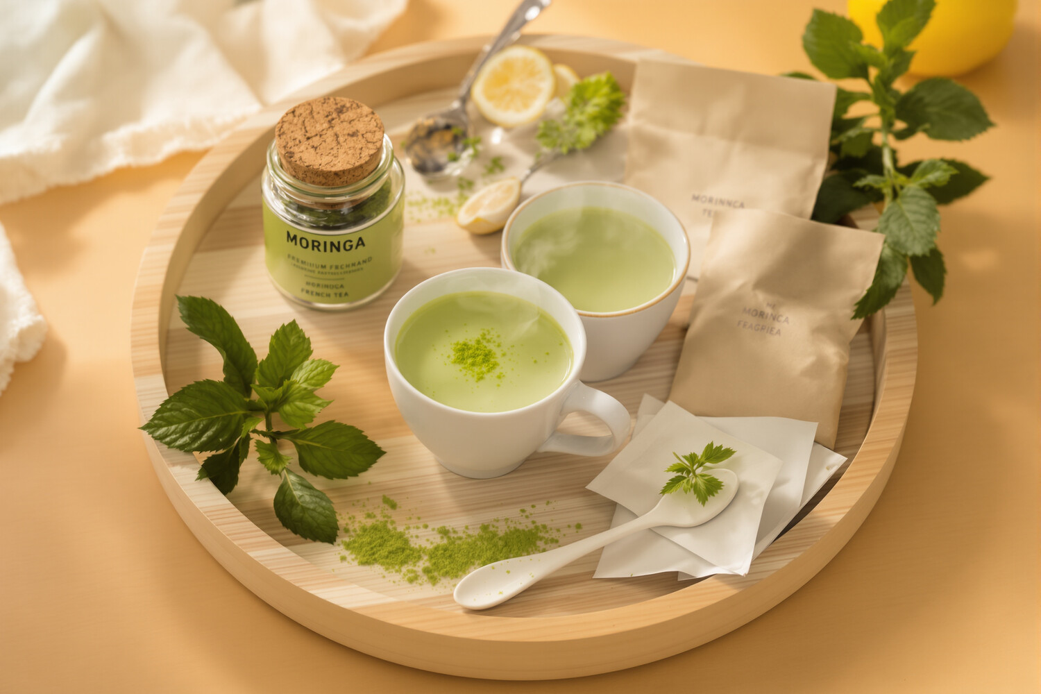 A light wood tray with a steaming cup of moringa, green powder, a kraft bag and a lemon on an ecru background.