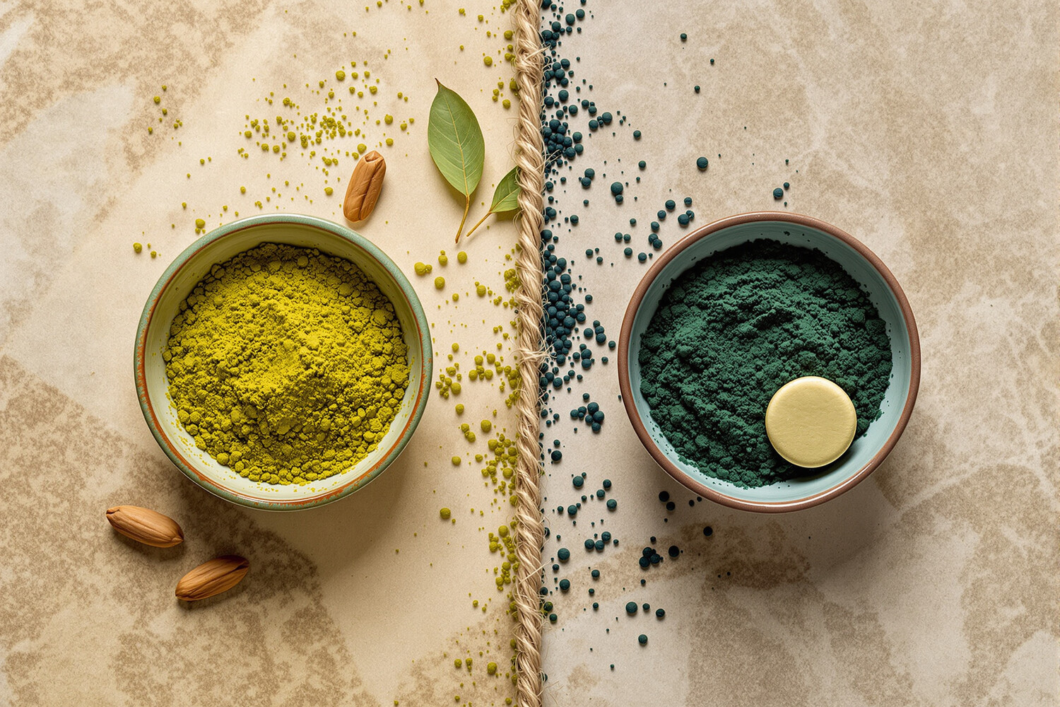 Two ceramic cups side by side, one containing green moringa powder, the other blue-green spirulina, on grey stone.