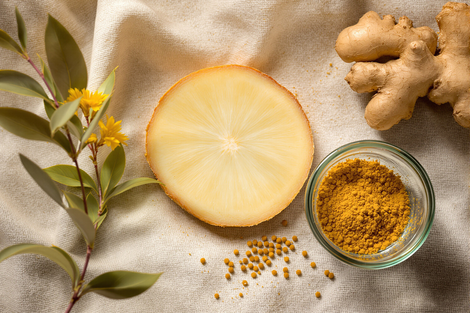 Slice of fresh ginger and ginger powder on natural linen, warm golden light.