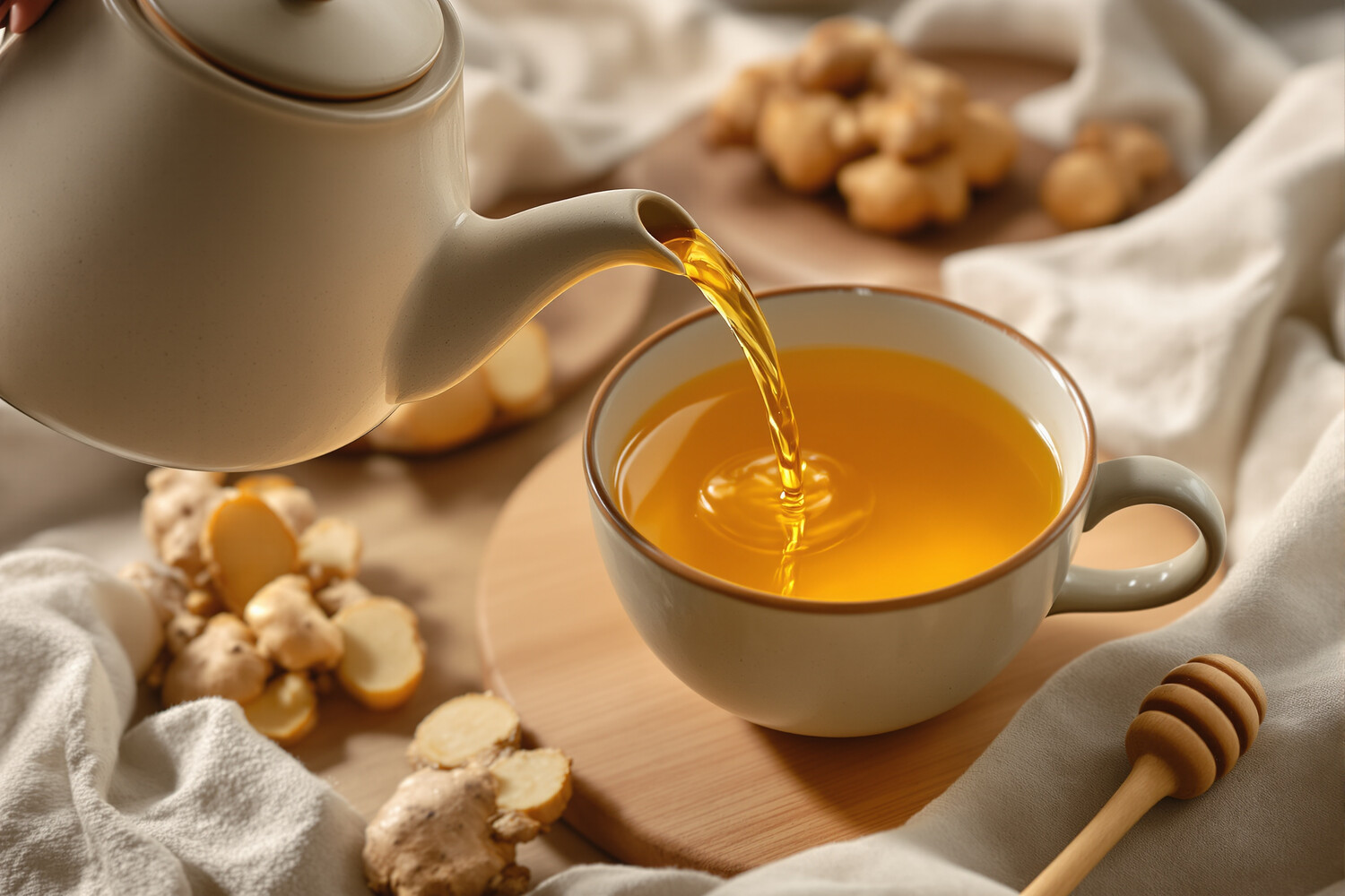 Artisan teapot pouring an amber ginger infusion into an unglazed ceramic cup.