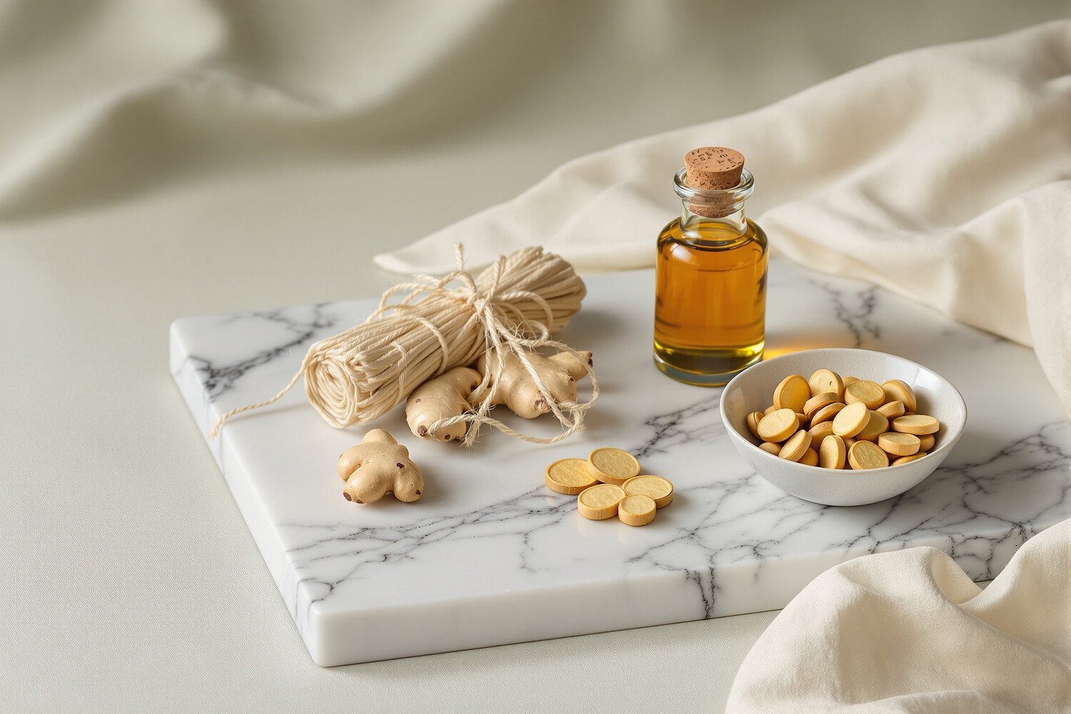 Amber glass bottle, dried ginger root and ceramic bowl on pale marble, soft light.