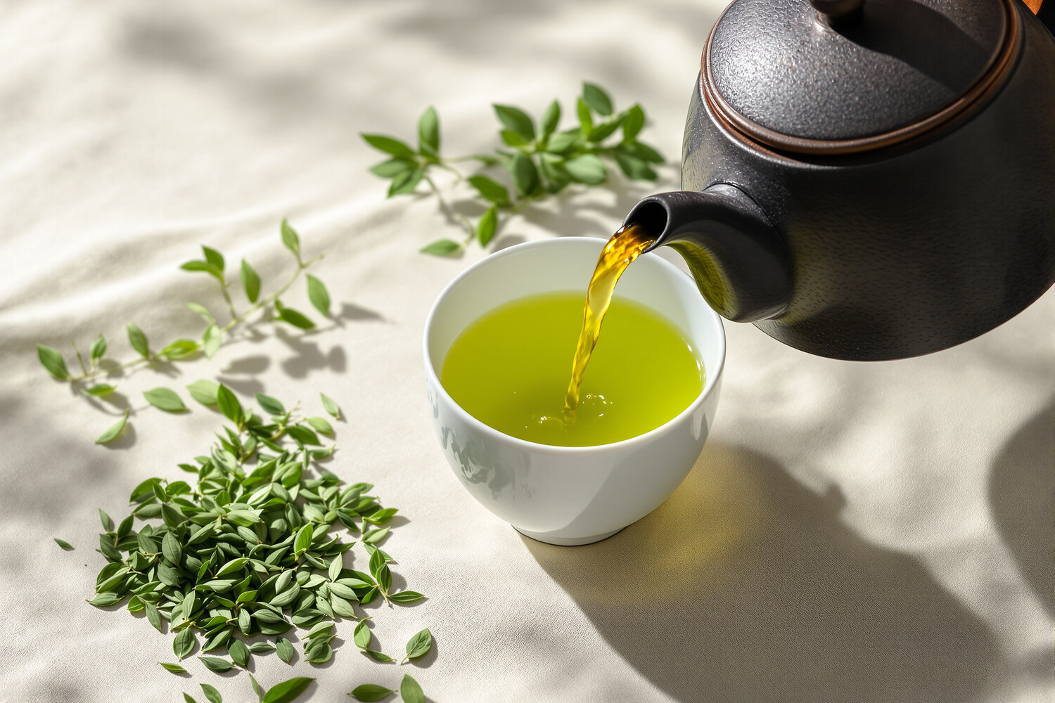 Tè verde versato da una teiera tetsubin in una tazza di porcellana chiara