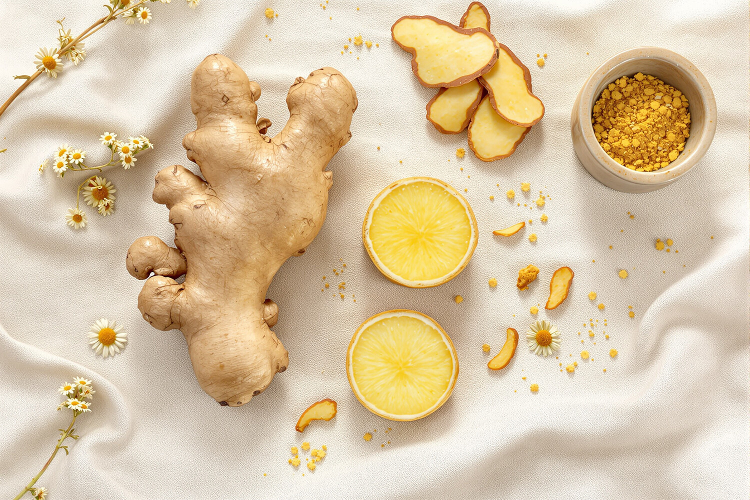 Still life of fresh ginger root and dried slices on unbleached linen, soft natural light.