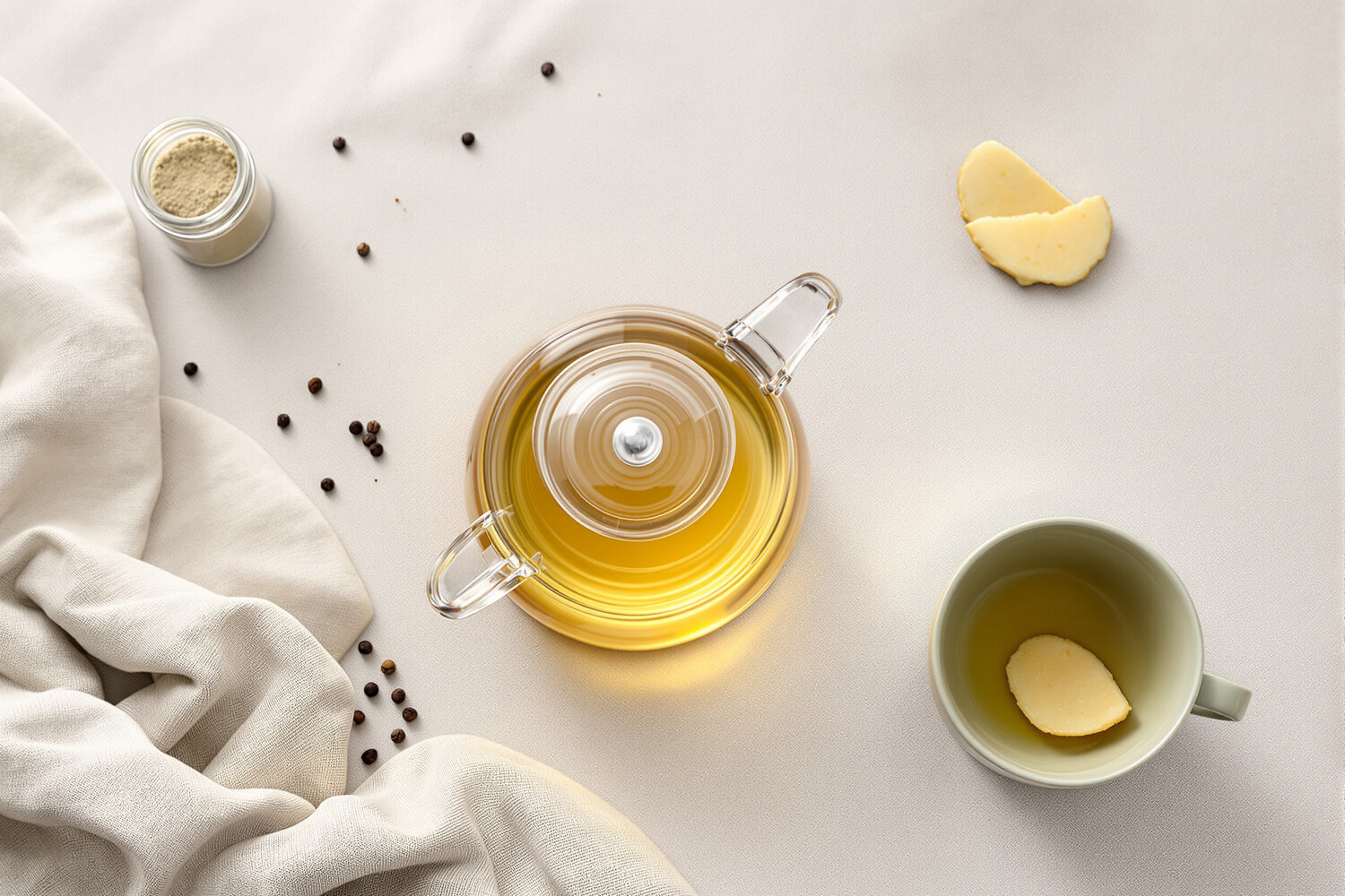 Glass teapot with amber ginger infusion and sage ceramic cup on raw linen, overhead view.
