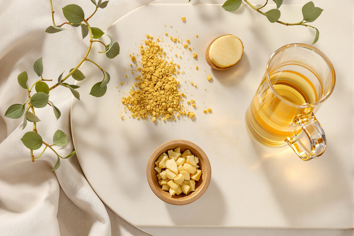 Brass spoon of ginger powder, a fresh slice and a wooden bowl on pale stone, warm raking light.