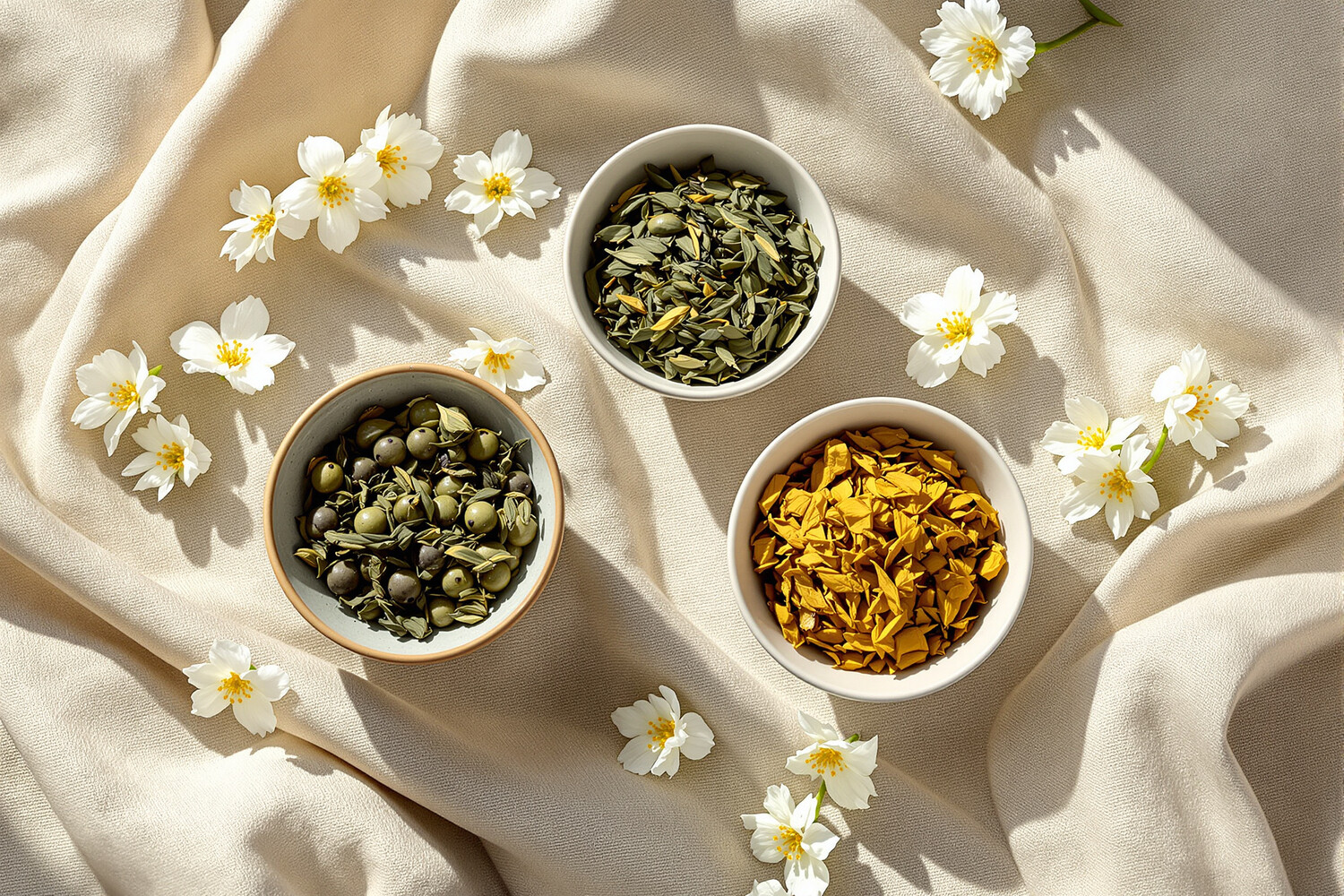 Natura morta con tre varietà di tè al gelsomino: perle, foglie verdi e oolong, con fiori di gelsomino freschi su lino grezzo.