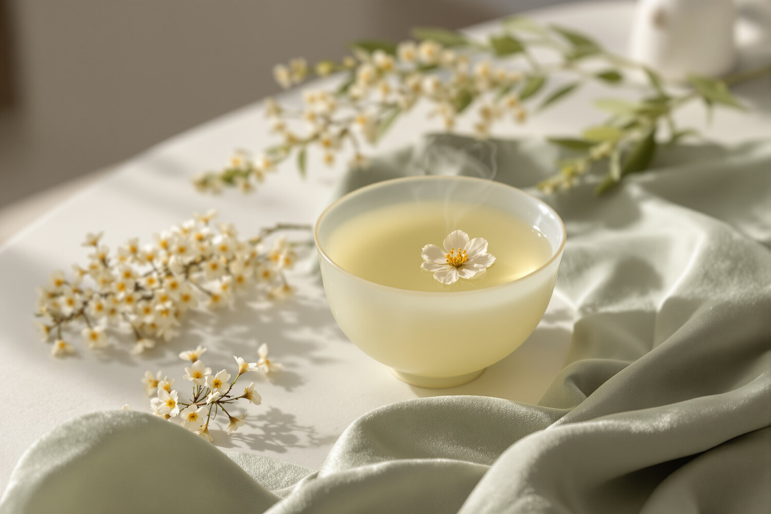 Gaiwan in porcellana celadon colmo di tè al gelsomino dorato con leggero vapore, fiori di gelsomino freschi e tessuto di seta color salvia.