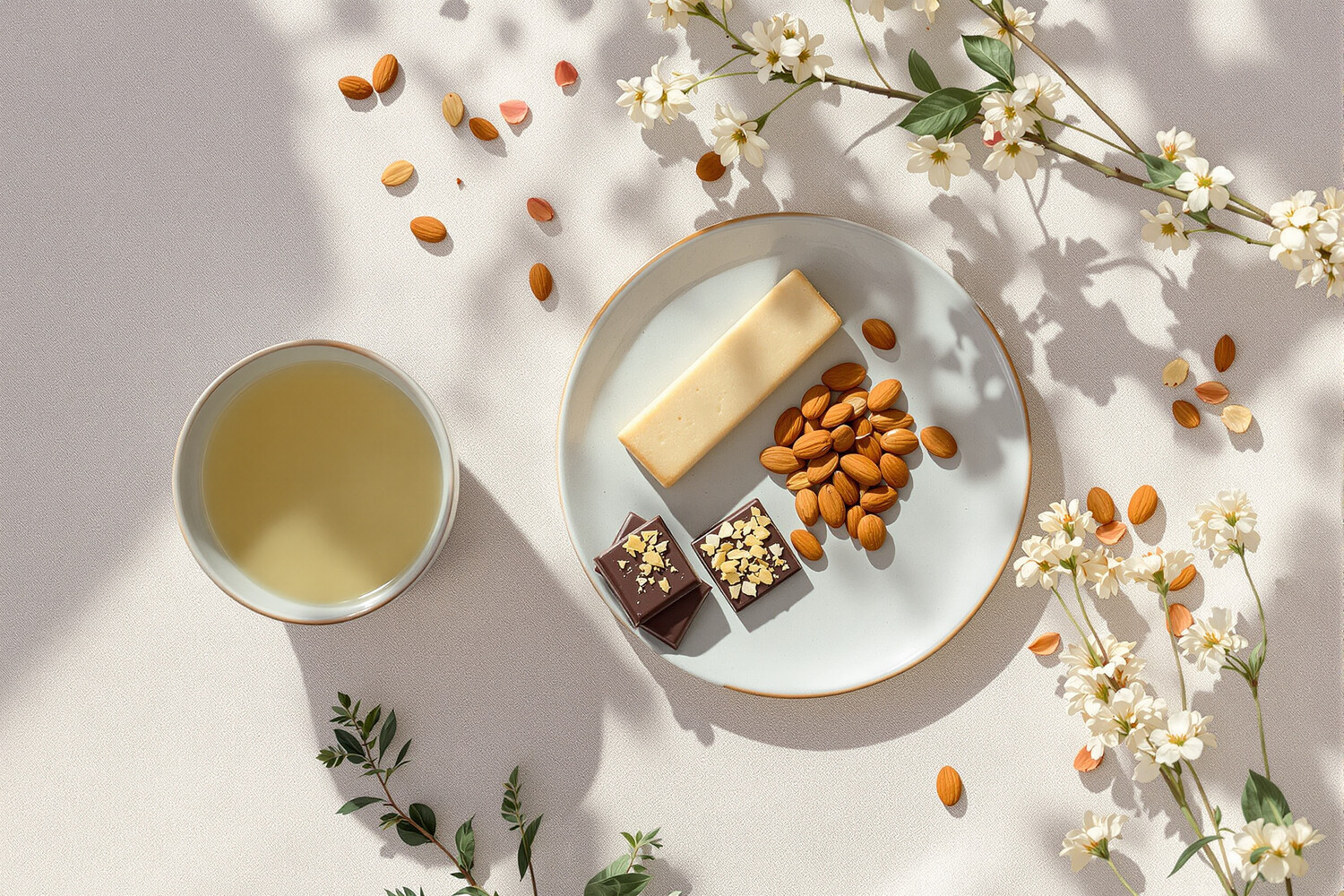 Tazza di tè al gelsomino accompagnata da cioccolato fondente dello Yunnan, sablé alle mandorle e mandorle tostate su lino grezzo con fiori di gelsomino essiccati.