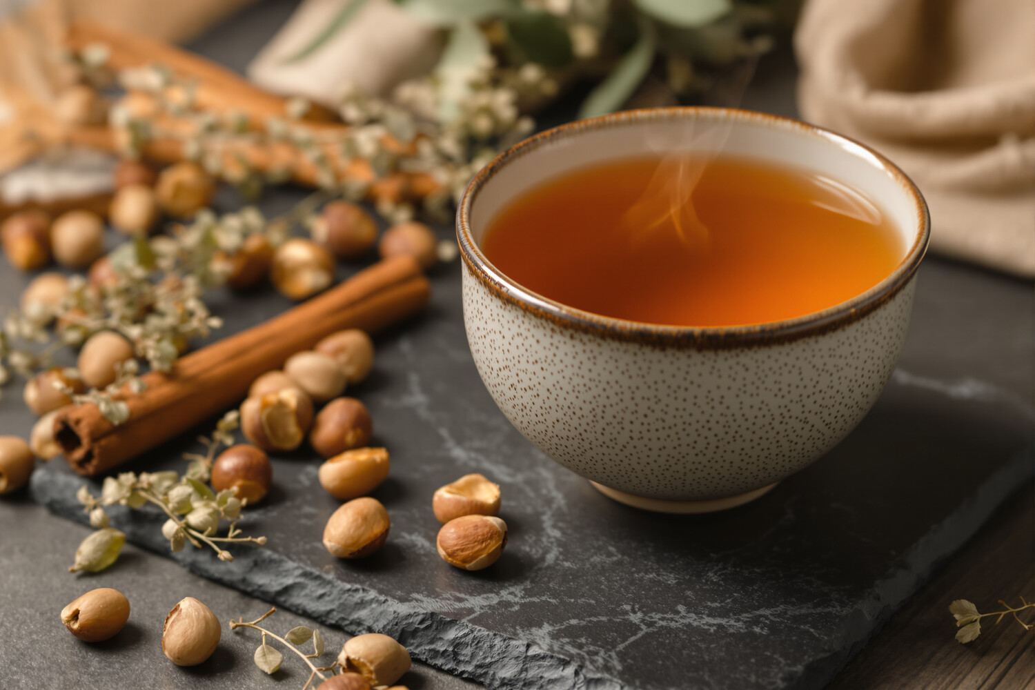 Kop amberkleurige hojicha met hazelnoten en kaneel op leisteen, premium editoriale stijl.