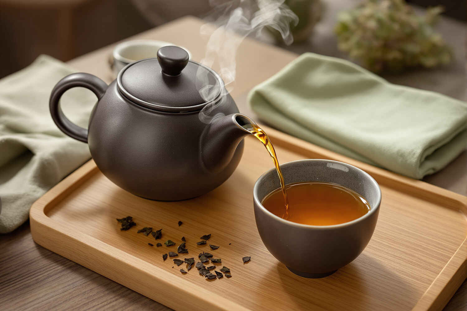 Kleien kyusu die amberkleurige hojicha schenkt in een keramieken kop op een houten dienblad.