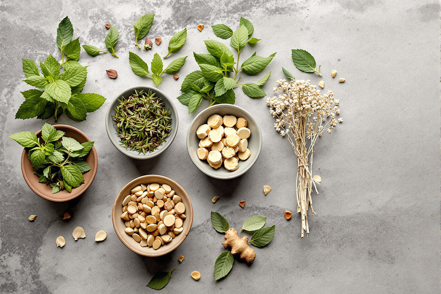 Cinque erbe digestive, menta, zenzero, finocchio, melissa, liquirizia, disposte in piccole ciotole di ceramica su ardesia calcarea.