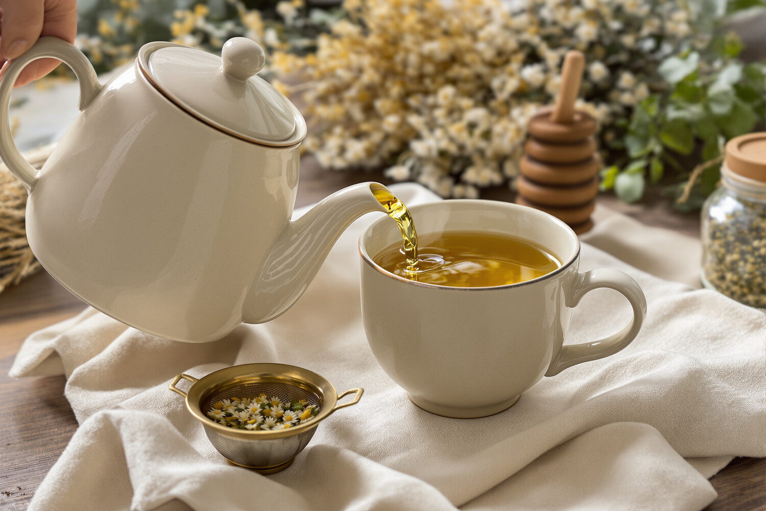 Teiera in gres che versa una tisana ambrata in una tazza senza manico, con colino in ottone ed erbe essiccate su lino écru.