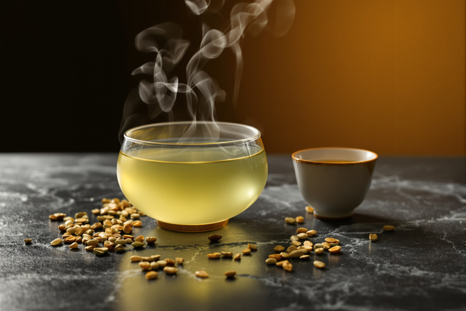 Théière japonaise en céramique avec tasse de genmaicha dorée sur ardoise sombre, vapeur légère.