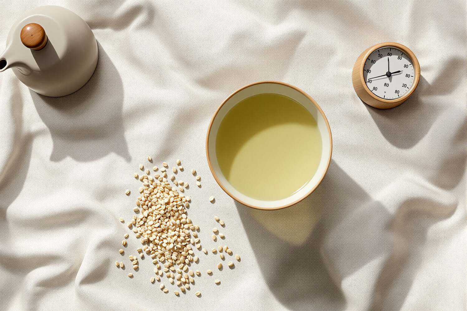 Vue de dessus d'une préparation de genmaicha avec bol en céramique, cuillère en bambou et thermomètre sur lin.