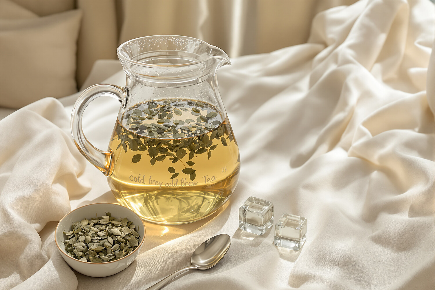 Glass carafe of green tea cold brew with leaves suspended in the liquid, on an ecru background, editorial still life style.