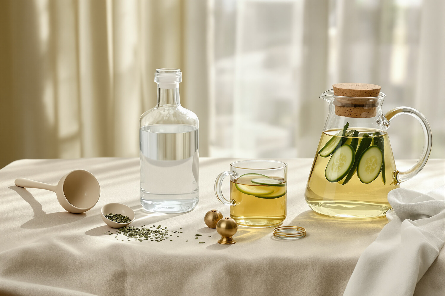 Steps for making cold brew tea: measuring leaves, an infusion bottle and a ready carafe of tea on ecru linen.