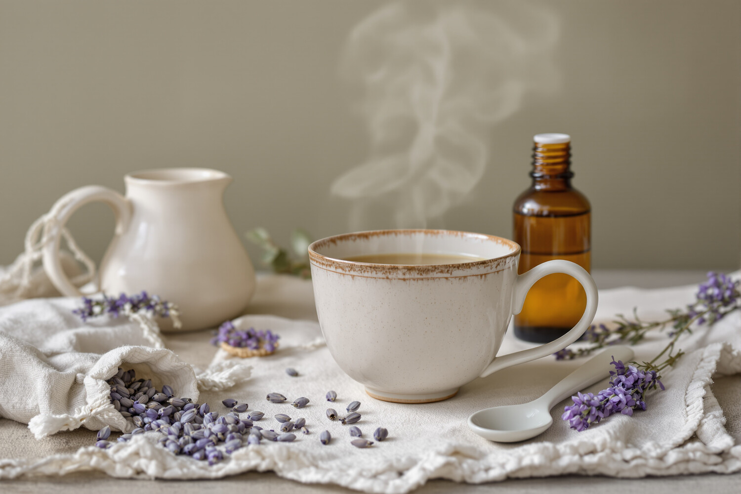 Tasse de tisane de lavande fumante avec fleurs séchées et flacon ambré sur lin.