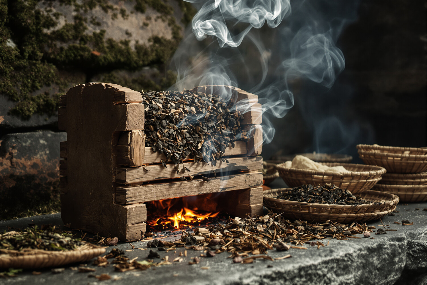Feuilles de Lapsang Souchong séchées sur claies de bambou au-dessus de braises de bois de pin fumant, ambiance sombre et artisanale.