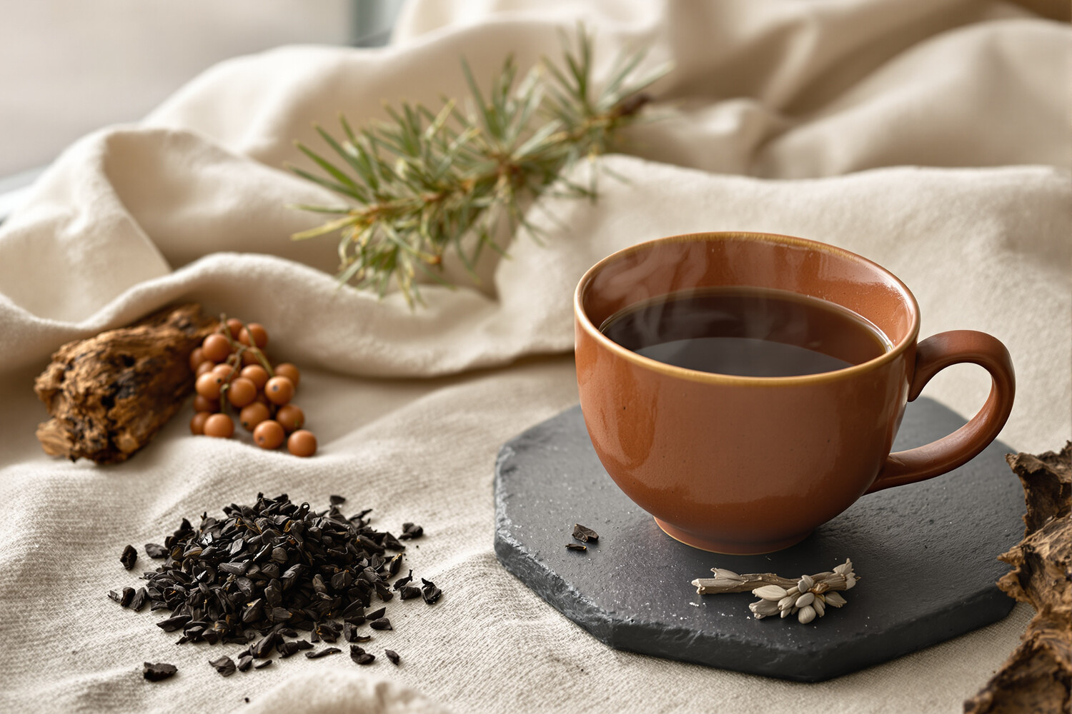 Tasse en terre cuite remplie de liqueur de Lapsang Souchong entourée d'écorce de pin, de feuilles de thé fumées et de cendre sur ardoise.