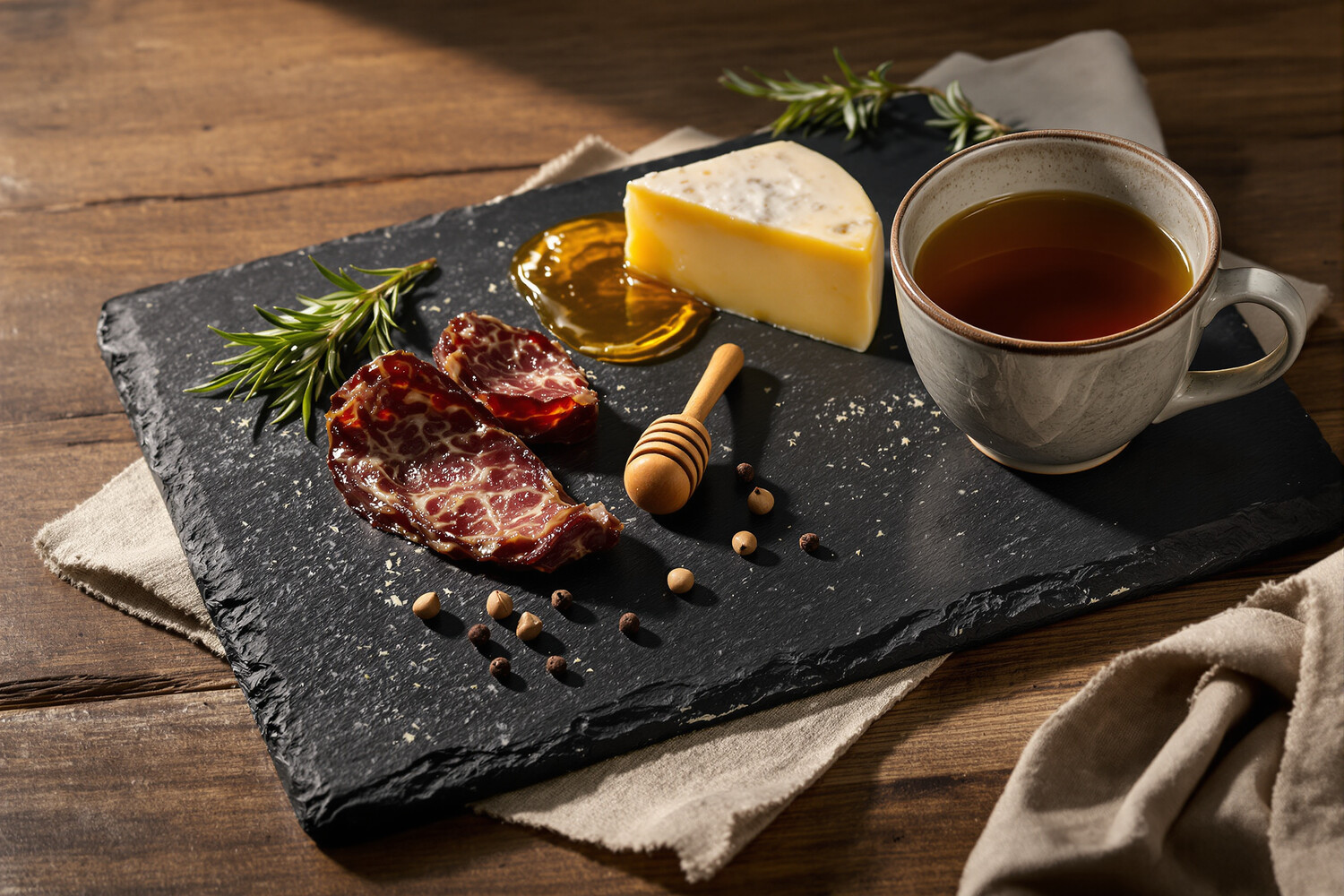 Plateau d'ardoise avec fromage fumé, charcuterie et miel à côté d'une tasse de Lapsang Souchong, accords gastronomiques.