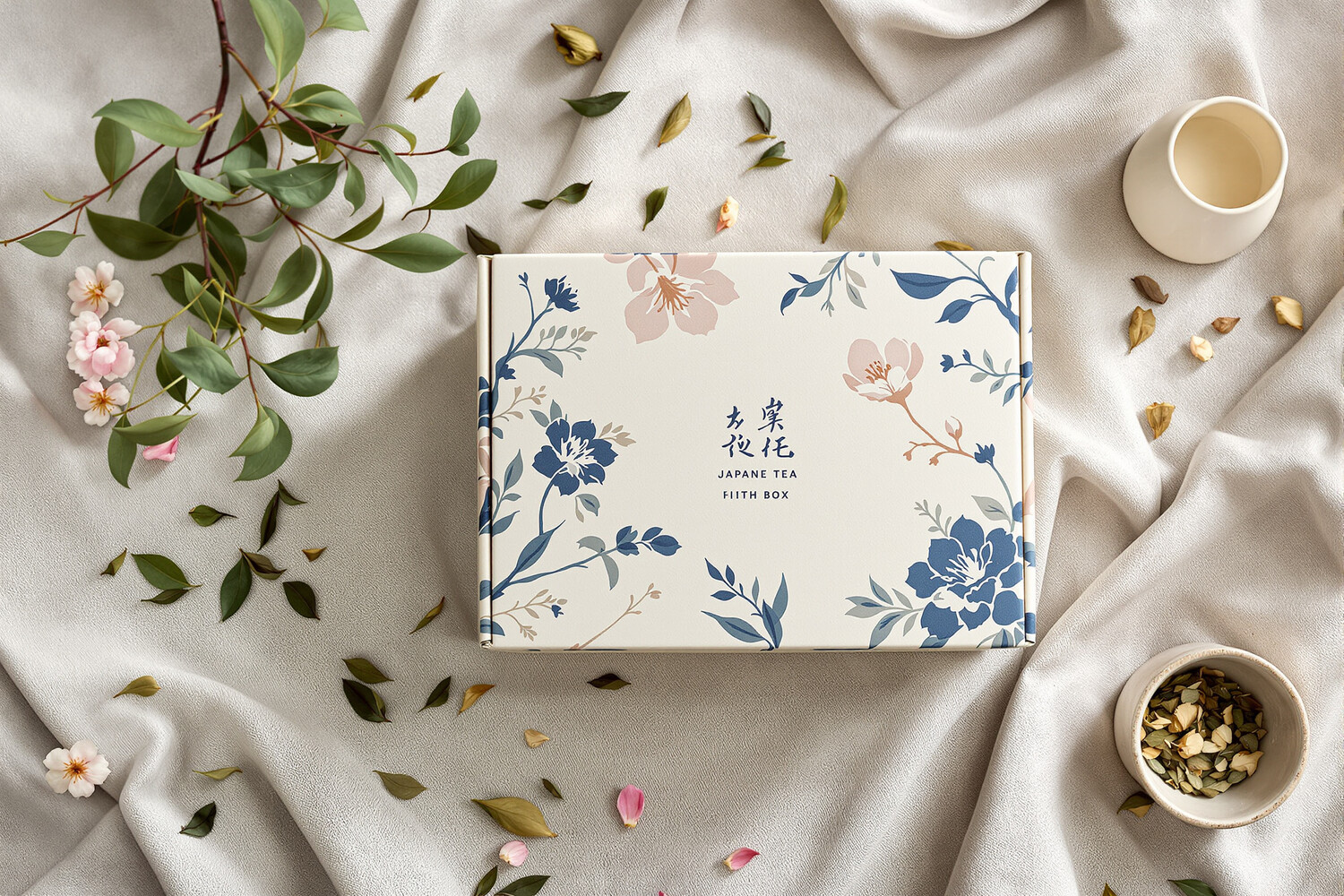 Artisan washi paper Japanese tea caddy placed on a linen cloth with green tea leaves and dried cherry blossom petals.