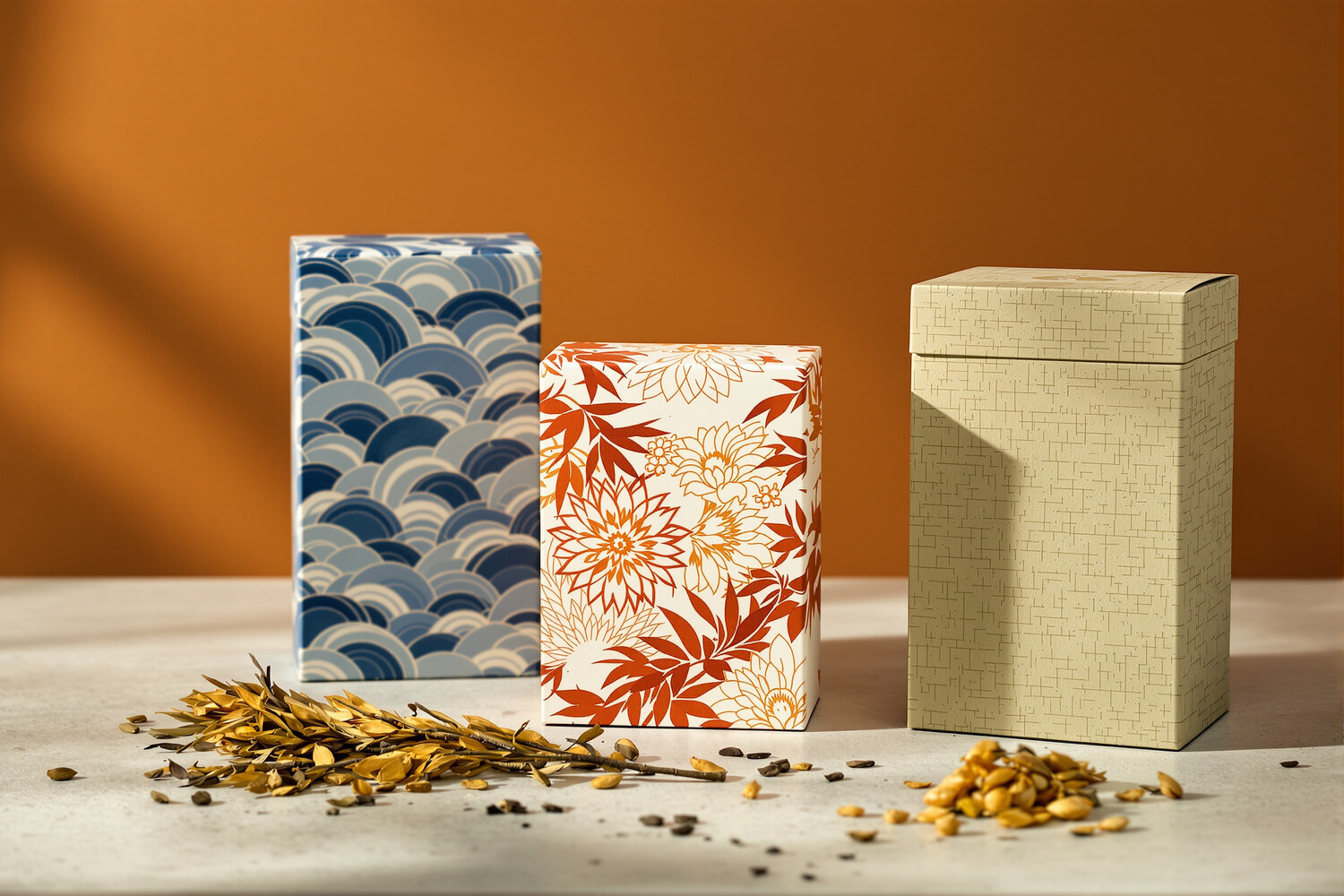 Three washi tea caddies with traditional Japanese motifs, indigo wave, terracotta chrysanthemum and sage green bamboo, arranged on a stone surface.