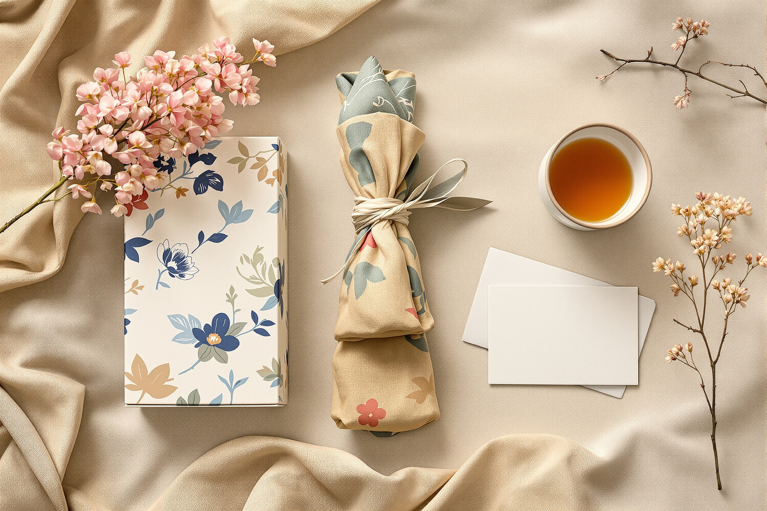 Japanese tea gift composition with a washi caddy, furoshiki wrapping, tea sachets and a stoneware bowl on an ecru paper background.