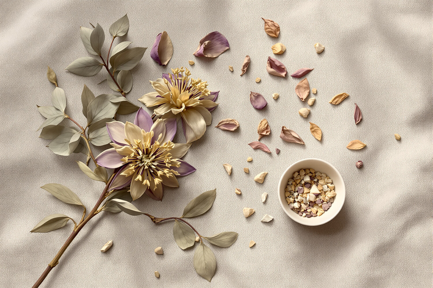 Dried passionflower flowers and stems arranged as a still life on ecru linen, soft amber light.