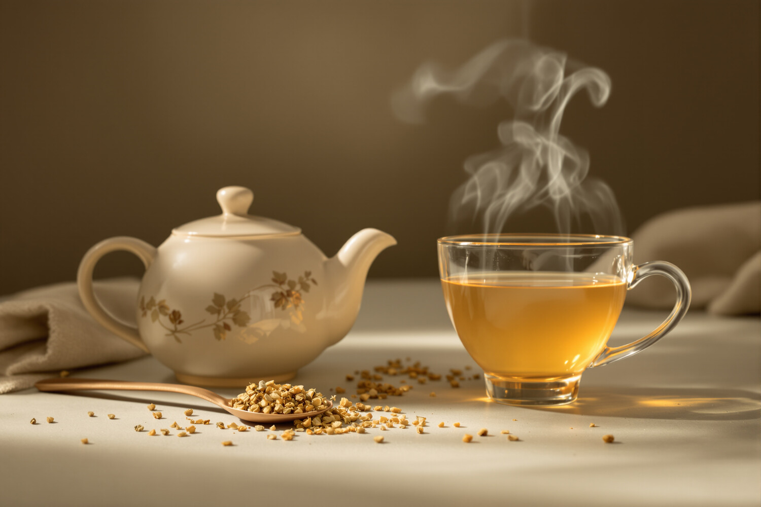 Artisan ceramic teapot with dried passionflower and a golden cup of herbal tea on raw clay, soft steam rising.