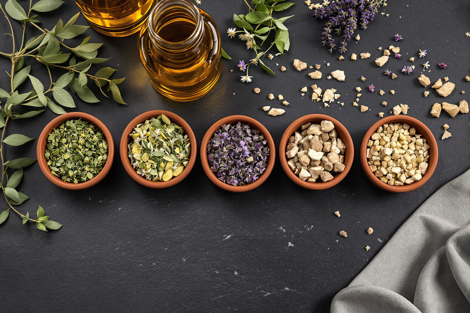 Five terracotta bowls holding dried passionflower, lemon balm, valerian, lavender and chamomile on dark slate.
