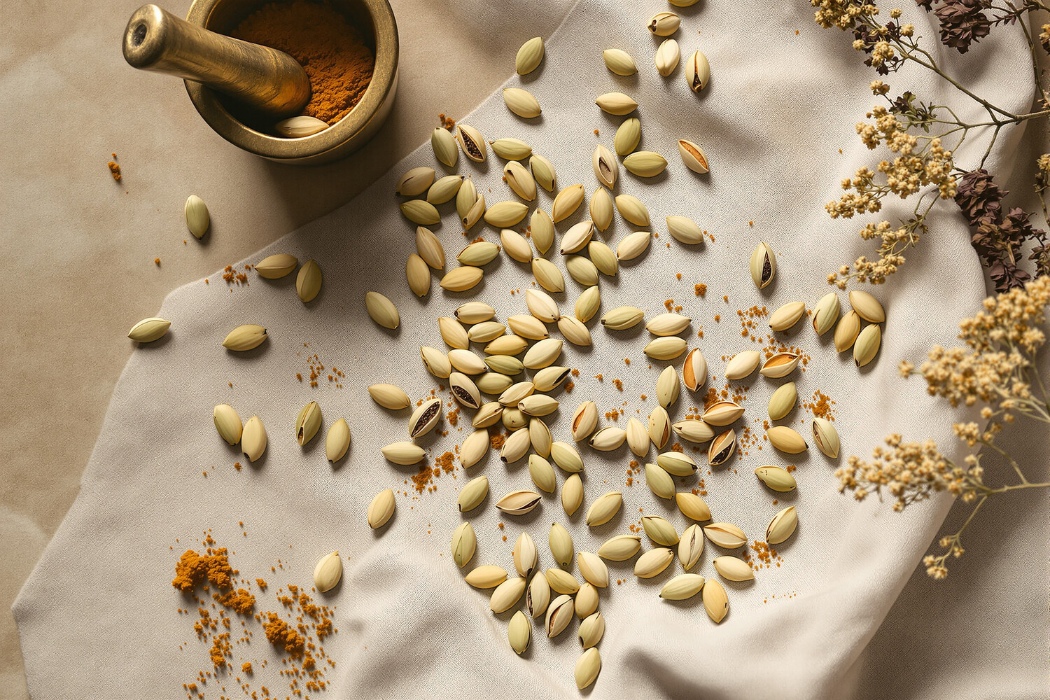 Gousses de cardamome verte ouvertes révélant leurs graines sombres, disposées sur lin écru avec un bol en céramique sage