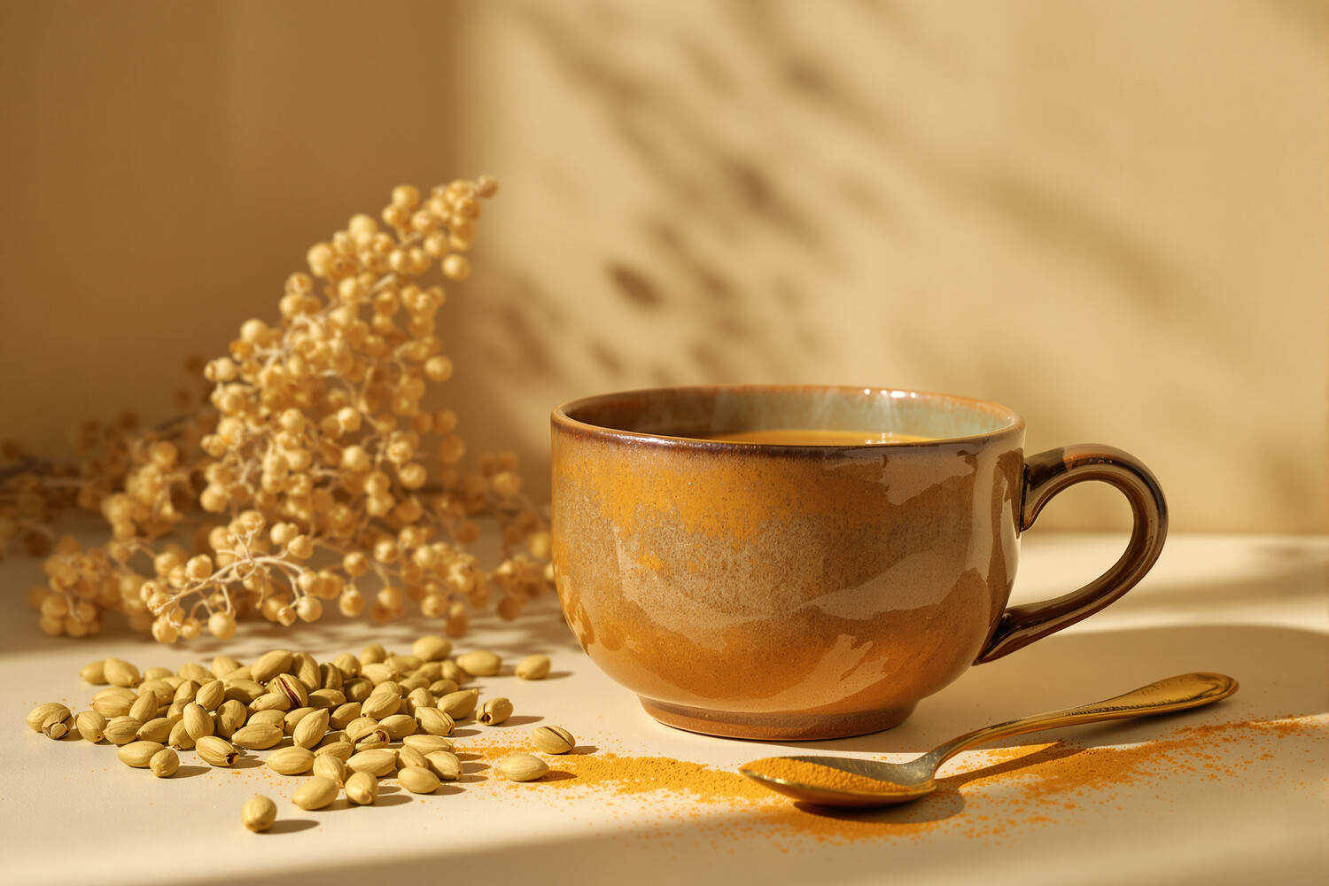 Tasse de chai doré fumant à la cardamome sur surface en plâtre écru, avec gousses vertes et cuillère en laiton