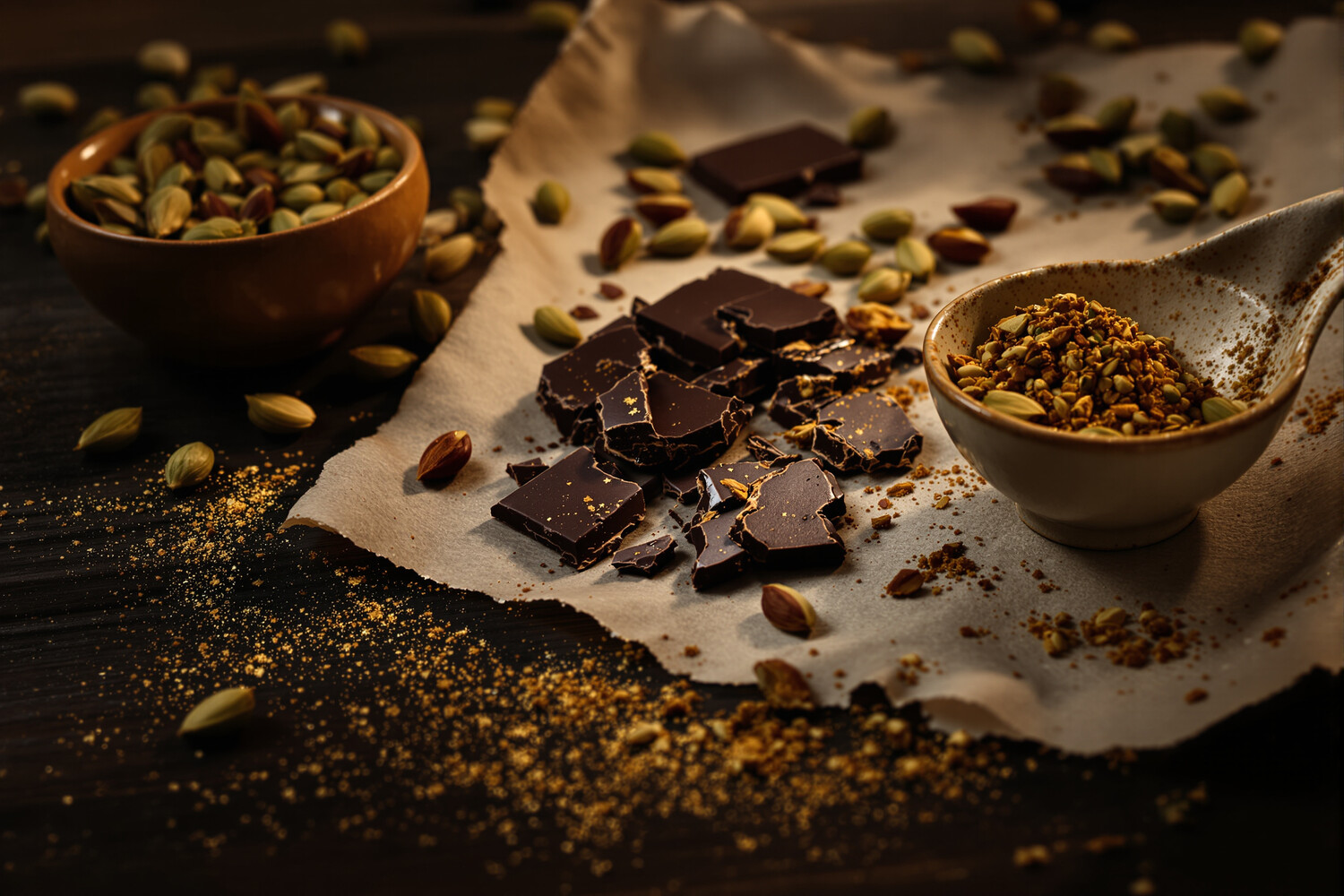 Tablette de chocolat noir brisée avec gousses de cardamome verte et poudre ambrée sur bois sombre