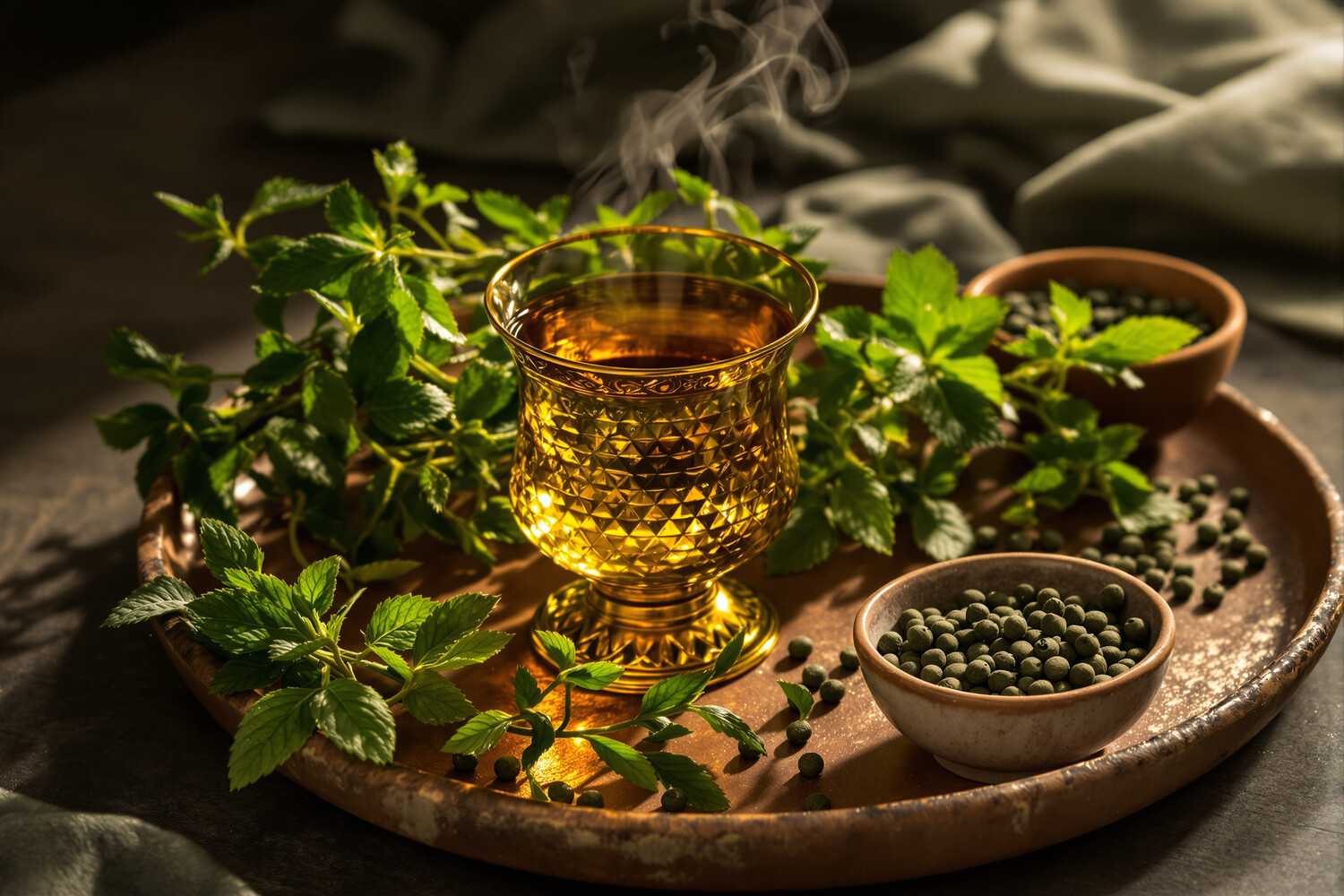 Verre de thé Gunpowder à la vapeur entouré de menthe fraîche et de perles de thé sur plateau terracotta.